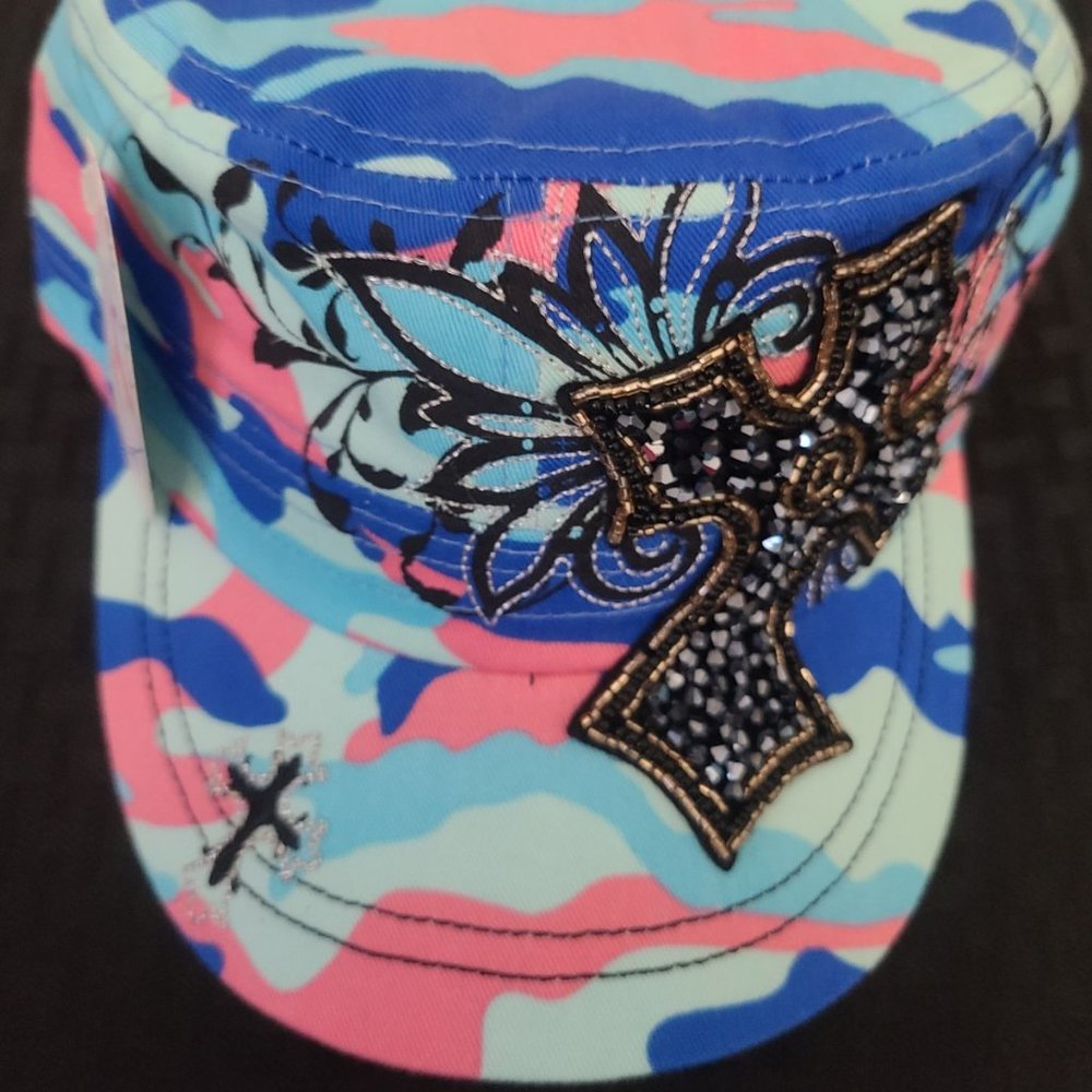 Pink Blue Camo Rhinestone Cross Hat